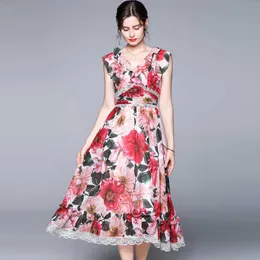 Sommar kvinnor ruffled sexig v nacke ärmlös chiffong klänning hög midja spets trims splice blommig utskrift midi klänningar vestidos 210529