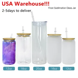 Local Warehouse 16oz Sublimation Glass Can Double Wall Snow Globe glass Wine Glasses Fosted Clear Drinking Glasses With Bamboo Lid and straws US Stock