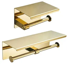 Double Roll Toilet Paper Holder with Phone Shelf, Stainless Steel Gold, Bathroom Tissue Wall Mounted Dispenser 210709