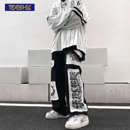 Tideshec Manga Pants Pantaloni da uomo Ins Harajuku Pantaloni casual larghi dritti Gamba larga Cuciture nere Jeans stampati anime
