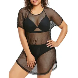 Women's Swimwear Sofkiny Beach Cover Up Hollow Out Fishnet Dress Loose Plus Size Nightdress See Through