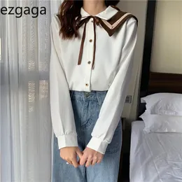 Ezgaga tröjor Kvinnor Koreanska Mode Lace Up Bowknot Långärmad Sjal Avtagbar Preppy Style Ladies Blouse Loose Casual Blusas 210430