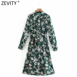 Zevity Women Vintage Totem Floral Print Sahses Green Midi Sukienka Femme Długim Rękawem Dorywczo Biznes Vestido Sukienka DS4807 210603