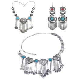 Ohrringe Halskette Gypsy Vintage Münze Quaste Taille Kette Set Antikes Silber Metall eingelegt Blau Schwarz Türkis Böhmischer Schmuck