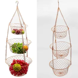 Järnfrukthängande korg Tre lager Fällbar Suspension Fruktfack Living Room Decoration Garden Flowerpot Plant Net Bag Y0910