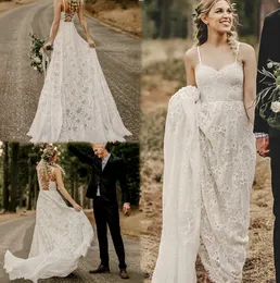 Böhmen A-Line Lace Bröllopsklänning 2021 Sexig Backless Plus Storlek Strand Bride Dresses Spaghetti Straps Långt land Boho Brudklänningar