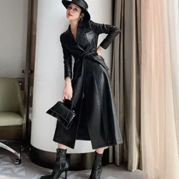وصول جديد للنساء أزياء مريحة Pu Trench Coat Professional Ol Vervament Solid Girls Warm عالية الجودة الخندق الأسود الطويل C4wz