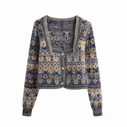 Vintage Women Floral Jacquard Sweater Fashion Ladies Knitted Short Coats Streetwear Female Chic Square Collar Cardigan 210430