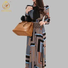 Sping de alta qualidade vestido de pista de luxo impressão geométrica mulheres longas mulheres breasted coreia es vestidos 210520