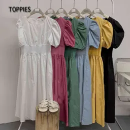 Toppies Sweet Slow Sleeve Midi Dress Mulher Verão Vestidos Sólidos Cor Coreano Meninas Vestidos 210412