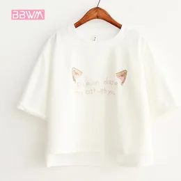 夏の半袖韓国の緩い薄い女性のTシャツの短い白い野生の猫の花刺繍ラウンドネック原宿210507