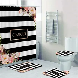 上品なブラックホワイトストライプ花のシャワーカーテンセット浴室マットの敷物のためのエレガントなパーソナライズされたバスタブカーテン211116