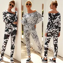 Autumn Camo 2pcs Set Women Streetwear Outfits Sexy Print pullover Slim Tops+Elastic Waist Pocket Trousers Lady Leopard Tracksuit 210507