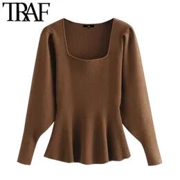 TRAF Женская мода вспыленный подол вязаный свитер винтажный квадратный воротник слоеного рукава женские пуловеры шикарные вершины 210415