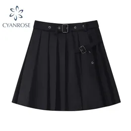 High Waist Pleated Crop Skirts Women Gothic Punk Belt Vintage A Line Streetwear Black Skirt Y2K Student Preppy Style Clothing 210417