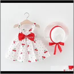 Giyim bebek, çocuklar için maternitytoddler kızlar için kolsuz kiraz prenses elbiseler yay şapka kıyafetler 1. doğum günü elbise bebek elbise bebek kız