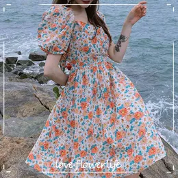 Sukienka Koreańskie Kobiety Casual Z Krótkim Rękawem Vingate Floral Sukienka Kobieta Plaża Design Bandaż Mini Sukienka Kawaii Lato 210521
