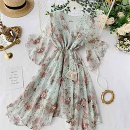 Mozuleva Women Chiffon Dress Summer Sexy V-neck Flare Sleeve Floral Sweet Tulle Elegant Ladies Irregularity Robe 210623