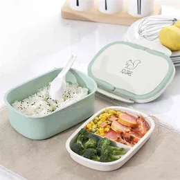 Microwavable Lunchbox Vete Straw Cartoon Bento med sked Bärbar matförvaringsbehållare för picknickkontor Arbete 210423