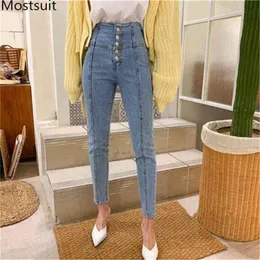 Wysokiej talii Przyciski Koreański Ołówek Denim Kobiety Dżinsy Spodnie Fly Stretch Splited Casual Fashion 210513