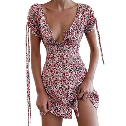 Women Summer A-Line Dress Sexy Deep V Neck Buttons Drawstring Bandage Short Sleeve High Waist Floral Print Slim Mini Dresses 210526