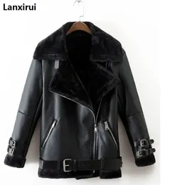 Autumn Winter Women Pu Tops Casual Belted Leather Outwear Päls Casual Thicken Warm Coat Punk Lapel Lamb Wool Black Gold Jacket SH190827