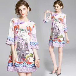 Summer Women Sweet Castle Pattern Print casual Dress O Neck Elegant Party short dresses Vestidos Plus Size 210529