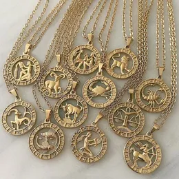 Vintage Gold Twelve Constellations Necklace For Women Girls Man Zodiac Symbol Pendant Gift Clavicle Chain Necklaces Fine Jewelry