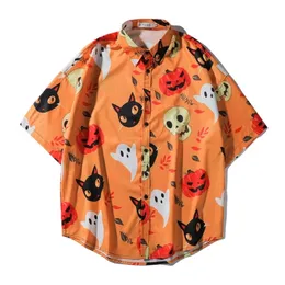 Män Vintage Shirt Sommar Hawaiian Kortärmad Mens Halloween Pumpkin Tryckt Strand Casual S Man Stora Hemd 210626