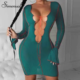 Symenial Lace Up Deep V Neck Ribbed Z Długim Rękawem Bodycon Sukienki Kobiety Patchwork Hot Club Partywear Sexy Moda Mini Dress Spadek X0521