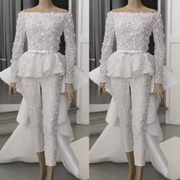 2022 Kombinezon Suknie Wieczorowe Długie Rękawy z odłączanym pociągiem Bateau Neck Zroszony 3D Kwiatowy Aplikacja Custom Made Tulle Sweep Pociąg Party Suknia Vestidos CG001