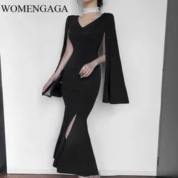 WOMENGAGA Winter Autumn V Neck Sexy Goddess Big Brand Temperament Long Thin Ruffle Trumpet / Mermaid Dresses Robe 0YBR 210603