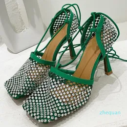 Dress Shoes Size 35-42 Crystal Green Women Fishnet Pumps Runway Square Toe Ankle Cross Tied High Heel Rhinestone Sandals 3989