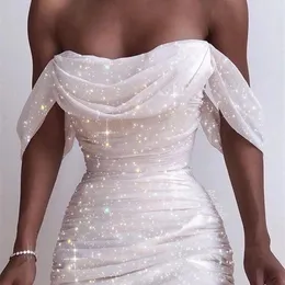 Off ramię kobiety sukienka letnia dama bez ramiączek Backless Shinny Glitter ślubna letnia sukienka na przyjęcie Ruched obcisła krótka Mini Vestidos Q0712