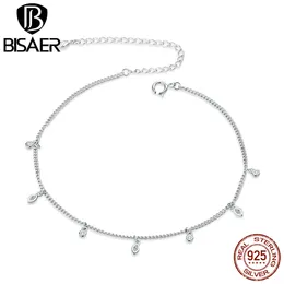 Bisaer 925 Sterling Silver Proste Tassel Sparkling Cyrkon Anklety dla Kobiet Stopy Leg Chain Link Fine Jewelry