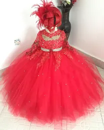 2021 Cristalli rossi Abiti da ragazza di fiore Abito da ballo Maniche lunghe Tulle Lilttle Abiti da sposa per spettacolo di compleanno per bambini