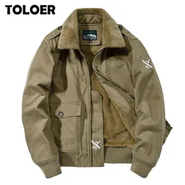 2021 Ny Mens Militärjacka Märke Fleece Fodrad Bomber Jacka Man Pilot Flight Winter Zipper Coats Fur Collar Thermal Outwear Y1109