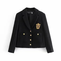 Fashion Vintage College Style Women Black Tweed Jacket Single-breasted Pocket Long Sleeve Female Uniform Coat Casaco Femme 210520