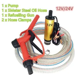 DC 12V/24V Refueling Gun Combination Set Electric 5 meter Steel Oil Hose Submersible Fuel Pump