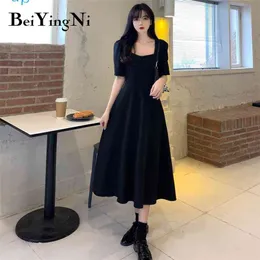 Długa Czarna Elegancka Midi Sukienka Kobiety Lato Z Krótkim Rękawem Vintage Harajuku Kieszenie Oversize Dresses Retro Vestidos 210506