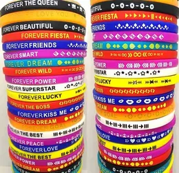 Bulk lots 100pcs Top Mix Women Silicone Charm Forever Bracelet Rubber Sports Wristbands Girls Male Female Toy Bangles GREAT GIFT