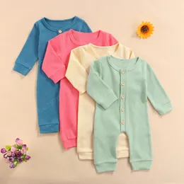 Autumn Newborn Baby Cotton Ribbed Jumpsuit Simple Solid Color O-Neck Long Sleeves Rompers with Buttons for Toddlers Girls Boys