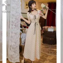 YOSIMI Summer Vintage Dot Strapless Fit and Flare Mid-Calf Short Sleeve Evening Party Long Women Dress Vestido Feminino 210604