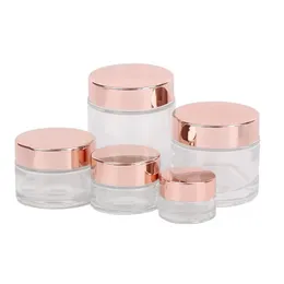 Partihandel Frosted Glass Cream Jar Clear Cosmetic Bottle Lotion Lip Balm Container med Rose Gold Lid 5G 10G 30G 50G 100G Packing -flaskor 0430 0430