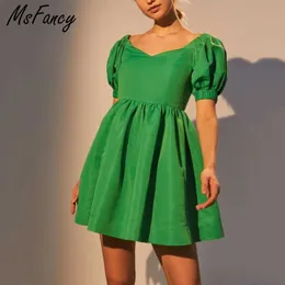 Msfancy Letnia Zielona Mini Sukienka Kobiety Krótki Rękaw Puff Square Collar Elegancki Vestido de Mujer Wysoka talia Dorywczo Robe 210604