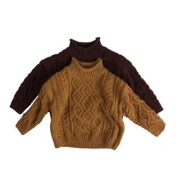 Baby tröja hoodie litterära bruna höghalsade koreanska barns sticka fast färg stickad bomull varm 210515