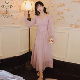 Yosimi Long Dres летняя винтажная подходящая и вспышка на лодыжку без бретелек слоеная рукава империя розовая полиэстер вечеринка 210604