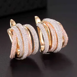 GODKI 25mm Luxury Twist Braided Lines Colorful Full Mirco Pink Cubic Zirconia Setting European Wedding Earring Fashion Jewelry