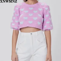 Kobiety Pink Swlover Swetry do miłości Kobiet o Neck Puff Rękaw Długie cytryny Przycięte Dzianiny Jesień Spadek 210520