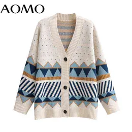 AOMO Autumn Winter Women Geometry Knitted Cardigan Sweater Jumper Button-up Female Tops 1F313A 211109